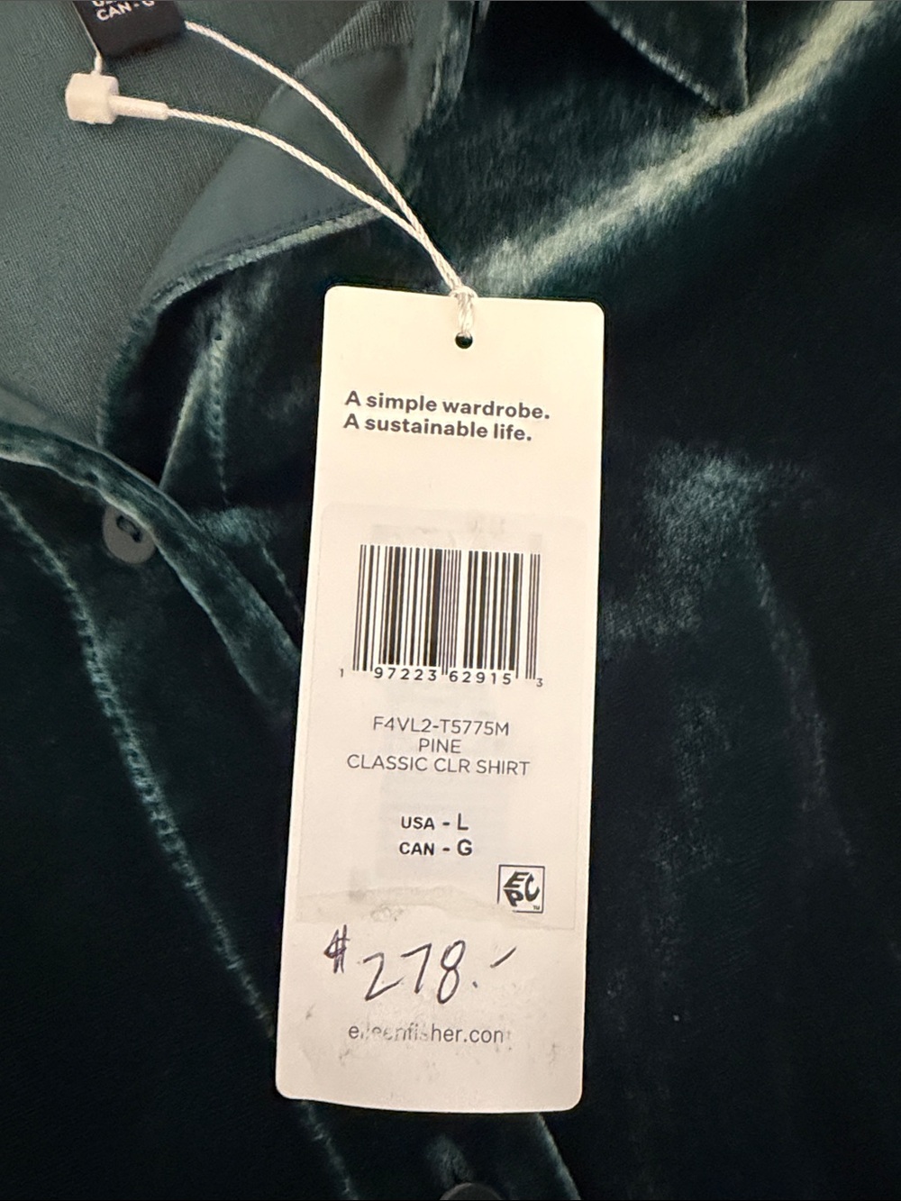 NWT Eileen Fisher Pine Green Velvet Silk Luxe Button Front Top - Picture 7 of 12